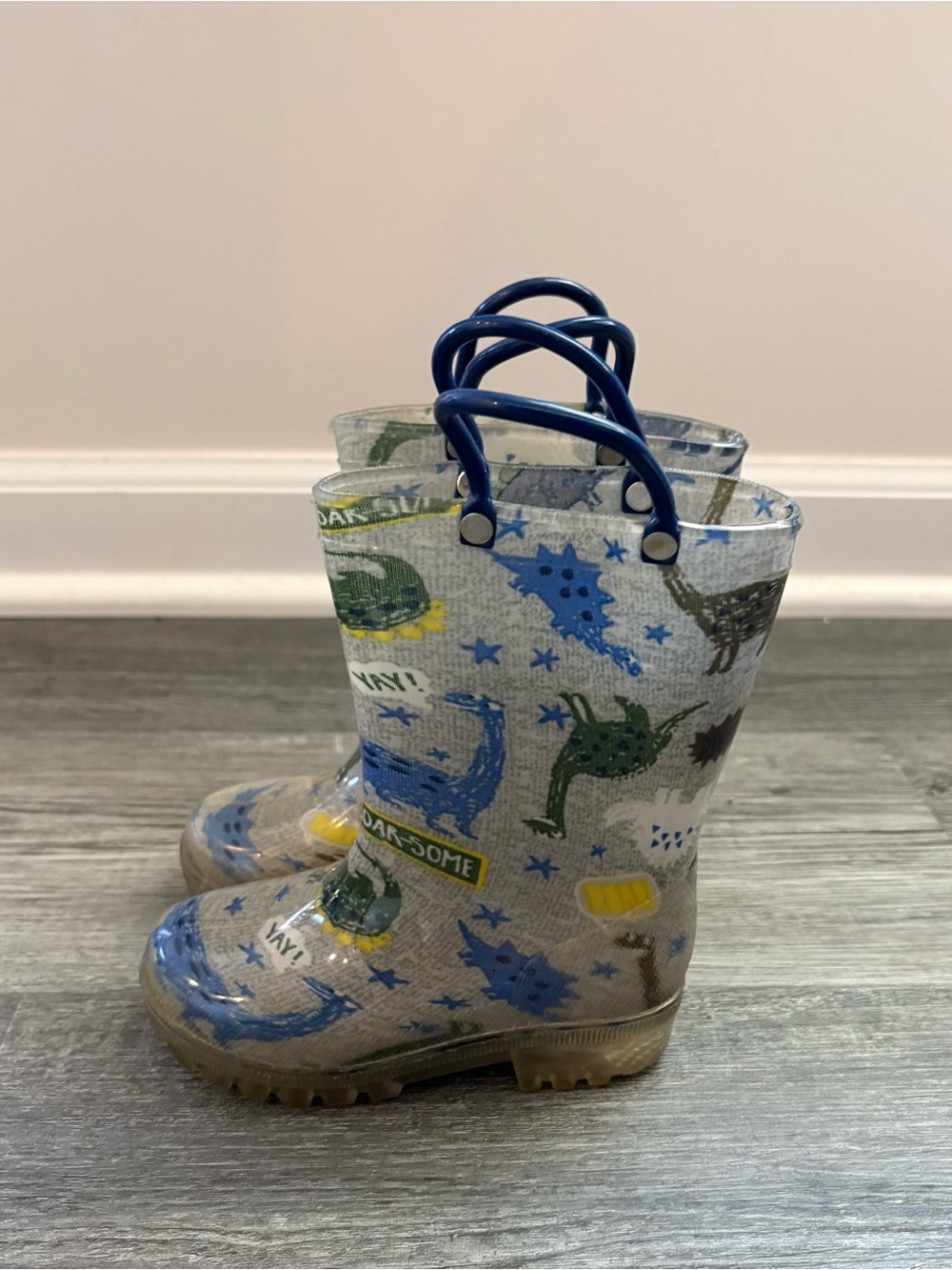 Will Part Kids' Blue and Gray Dinosaur Rain Boots. Boys size 7